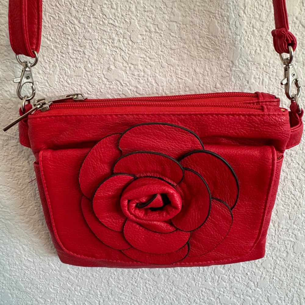 Red Faux Leather Rosette Flower Crossbody Bag Adjustable Strap Small Messenger